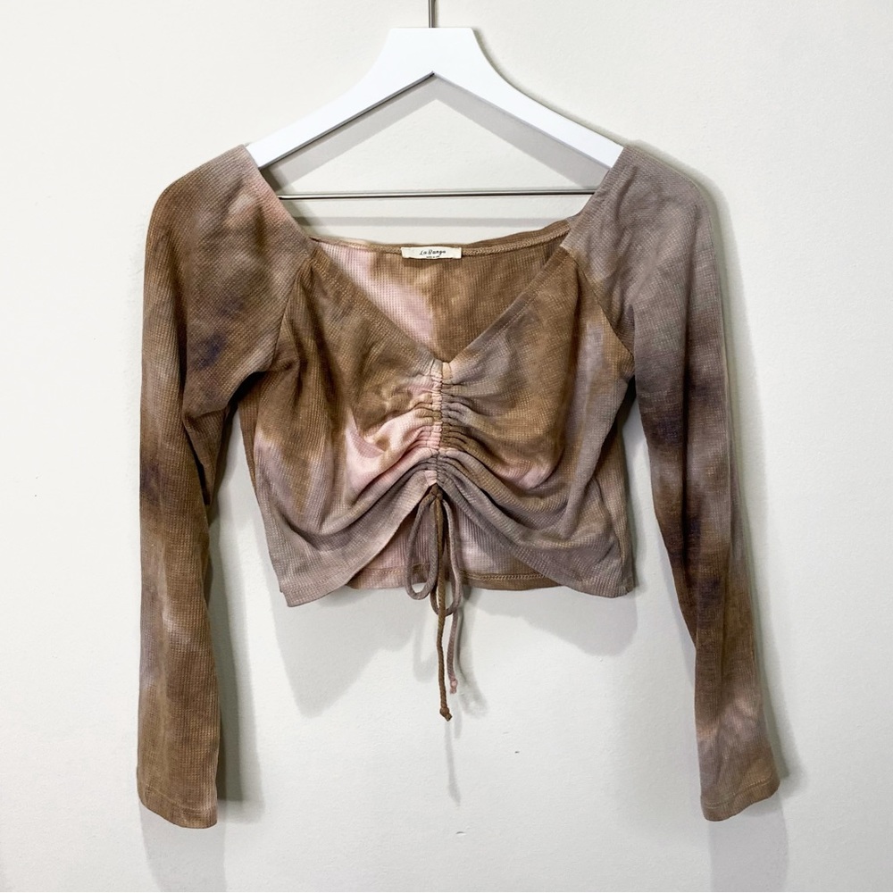 La Banga Brown Tie Dye Ruched Lace Up Thermal Knit Long Sleeve Crop Top